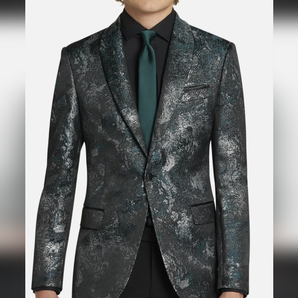 Egara skinny fit elegant formal dinner men's green Shawl Metalli Pattern Sz-38R